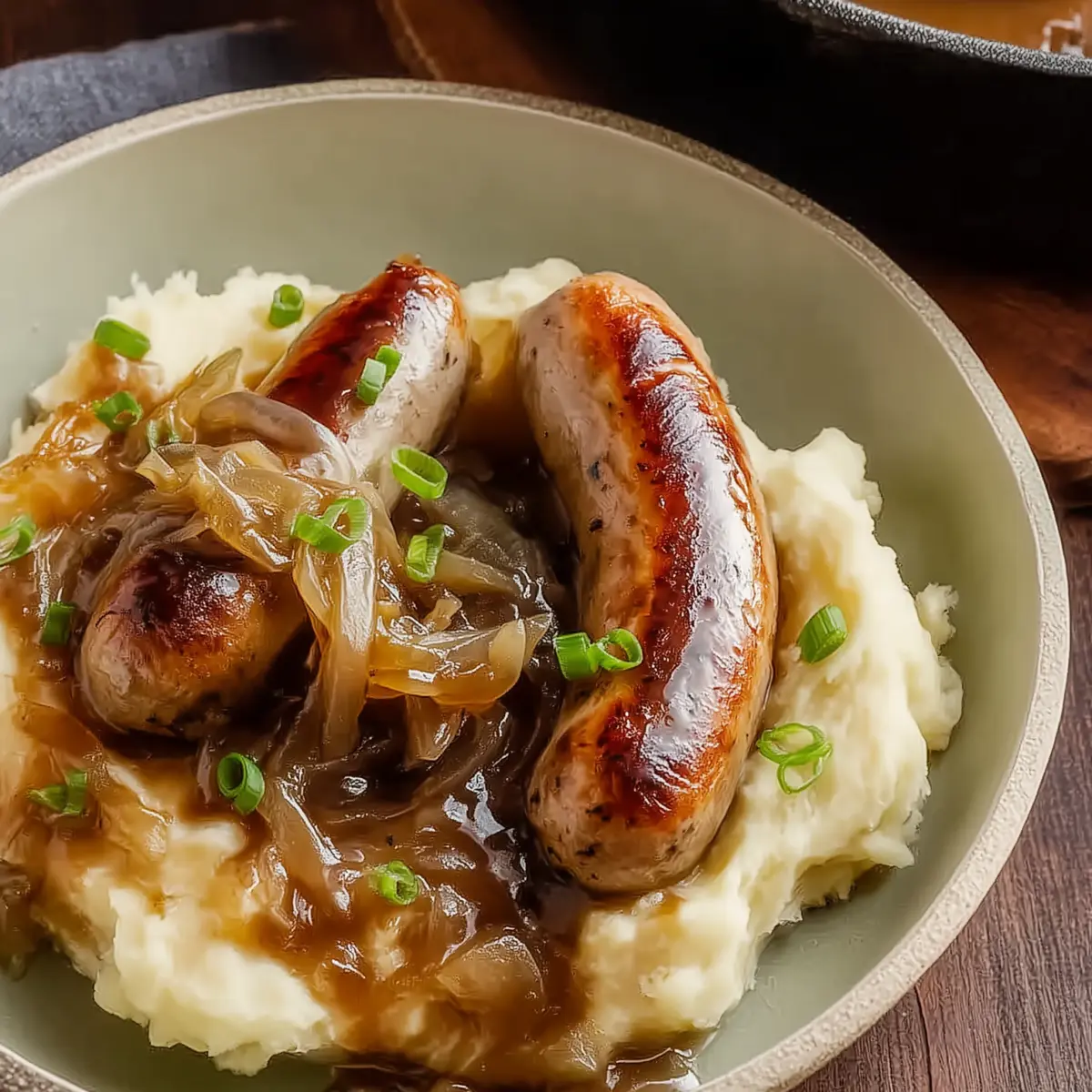 Irish Bangers and Mash with Guinness Onion Gravy