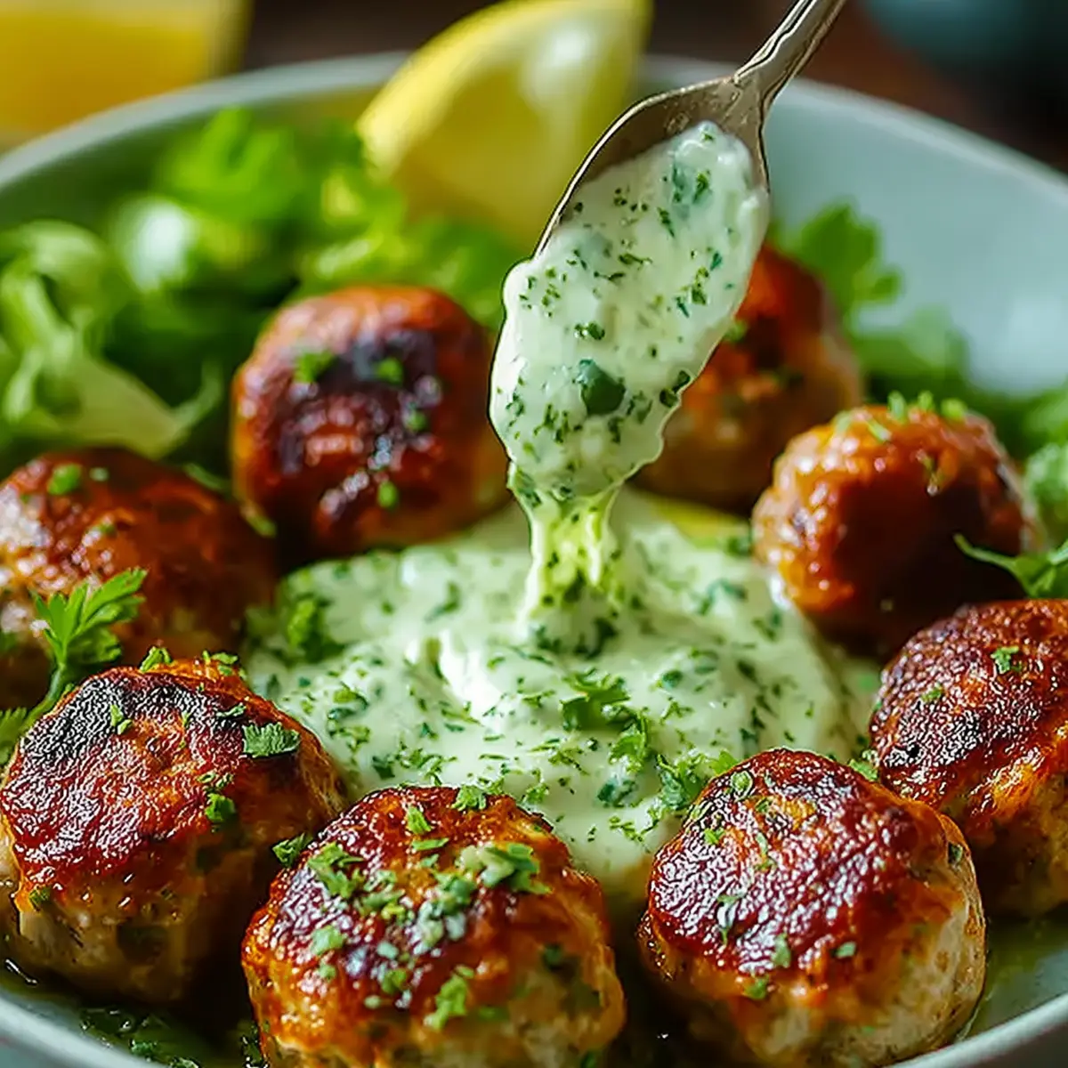 Spicy Lamb Meatballs with Green Goddess Dip